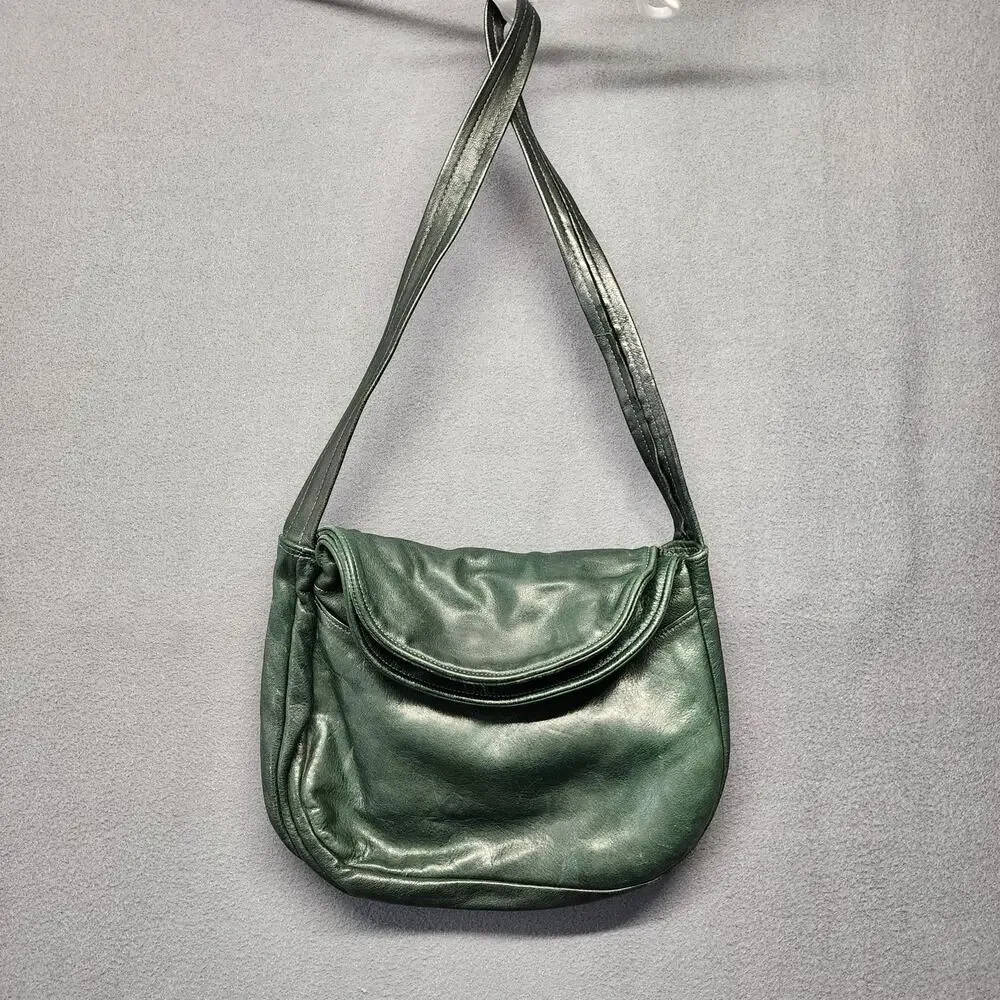 Leather Shoulder Bag Womens Dark Green Flap Pocket Zip Compartments Medium Purse